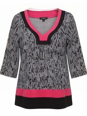 AGB Large Blouse Black and White Geometric Pattern Bright Pink V-Neck Trim, NWOT